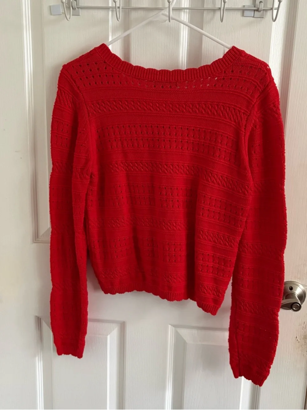 Bright Red Openwork Button-Front Cardigan Sweater - Picture 2 of 7